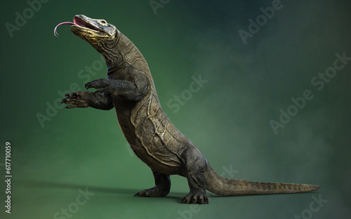 3D rendering of a Komodo Dragon Isolated on Green Background with Clipping Path. photo