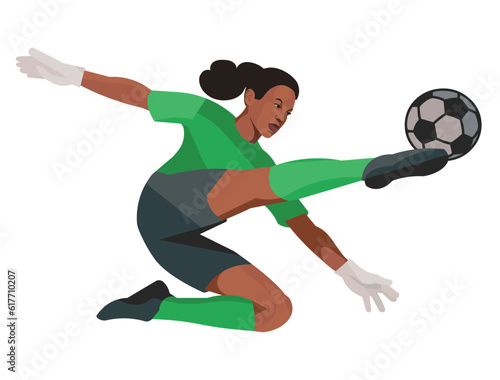 Nigerian women's football girl goalkeeper in green sports gear kicks the ball with foot