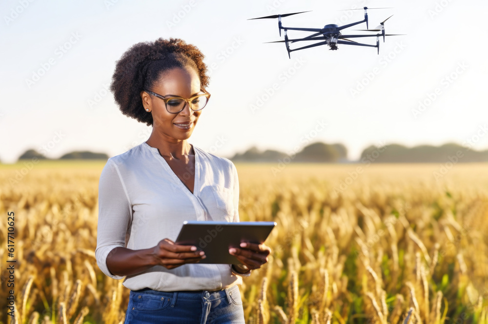 The Afro-American female agronomist scientist yield estimation in the field remotely controls the quadcopter. Drone technology in agricultural. Concept of new agricultural technologies. Generative AI The Afro-American female agronomist scientist yield estimation in the field remotely controls the quadcopter. Drone technology in agricultural. Concept of new agricultural technologies. Generative AI
