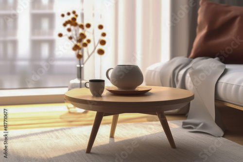 a close-up shot of a single cozy coffee table set place in a living room, sweet and minimal