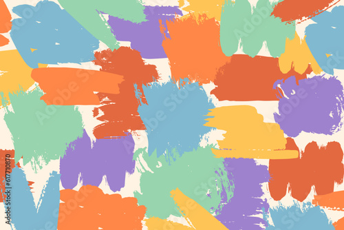 Artistic abstract background with rainbow colored brush strokes. Contemporary art backdrop. Naive hand drawn banner template. Modern painting