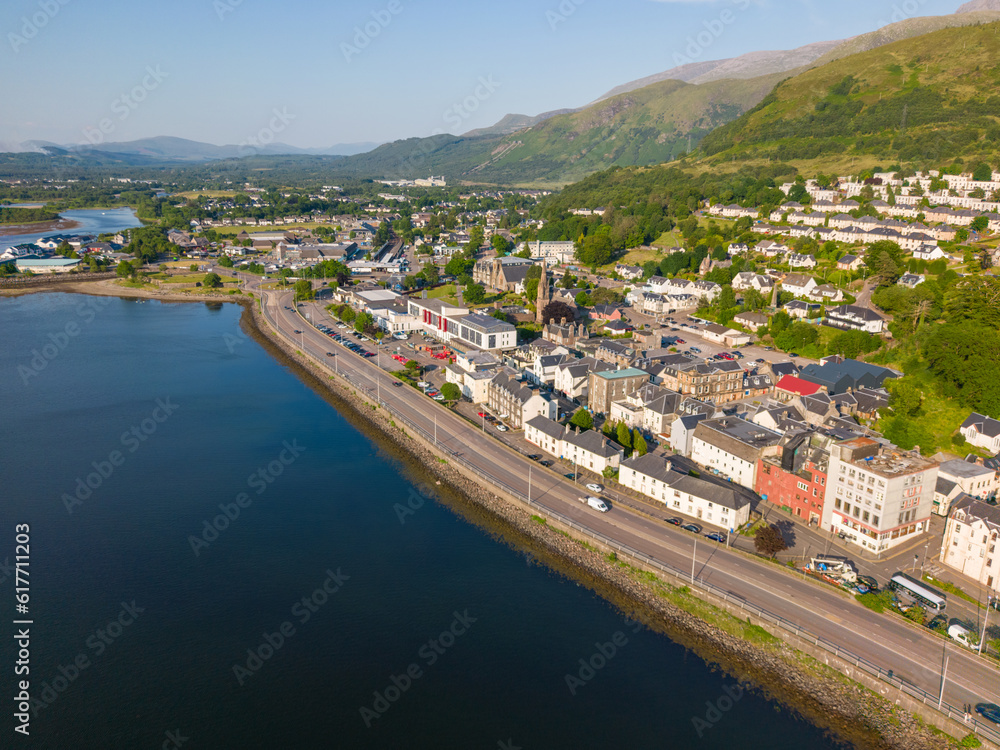 Aerial drone photo of the town centre in Fort William in Scotland