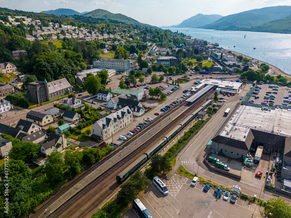 Aerial drone photo of the train station in Fort William Scotland