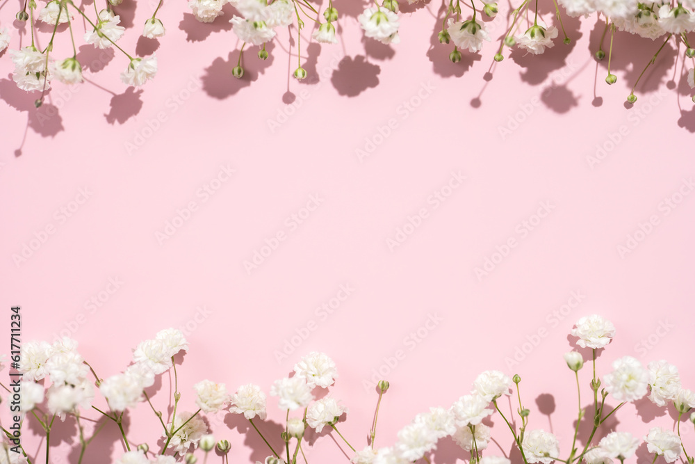 Baby's breath gypsophila frame border on pink background with shadow. Top view close flatlay