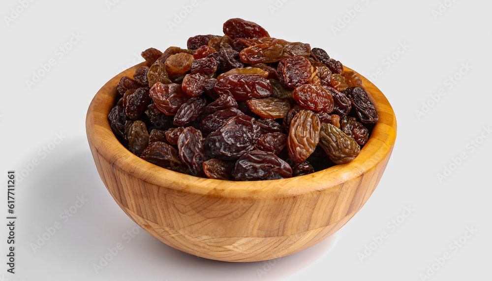 Raisins in wooden bowl isolated on white background. Raisins in wooden bowl isolated on white background.