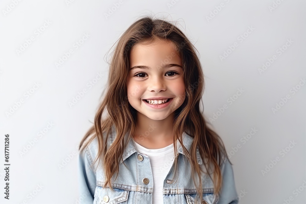 Portrait of a cute little girl with long hair on a white background ...
