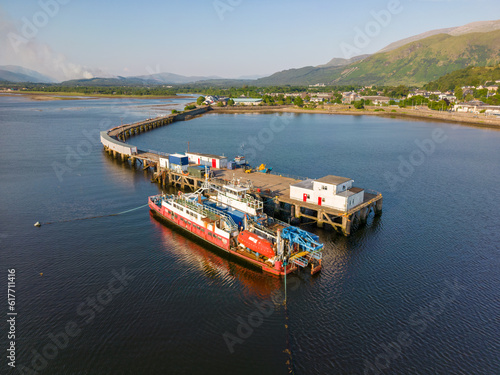 Aerial drone photo of the pier in Loch Linnhe near Fort William