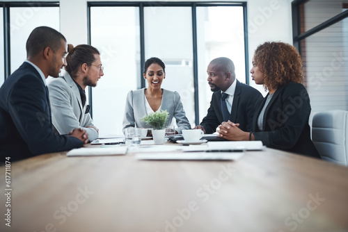 Business people, leader and staff in a meeting, collaboration or project management in a workplace. Teamwork, coworkers or innovation with brainstorming, planning or share ideas with support or goals
