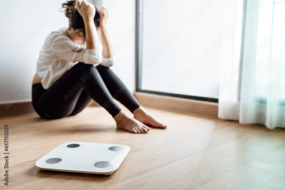 Sad woman with fat upset bored of dieting Weight loss fail Fat diet and