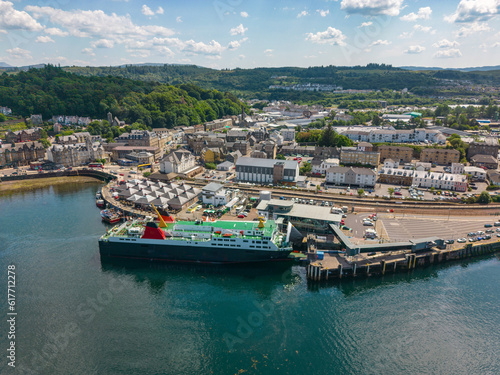 Drone photo of a ferry boat in the harbour of Oban in Scotland