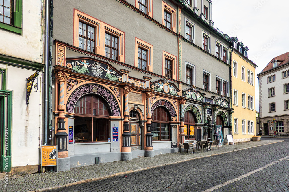 Historic Theater Im Gewolbe building on the market square of Weimar, Germany