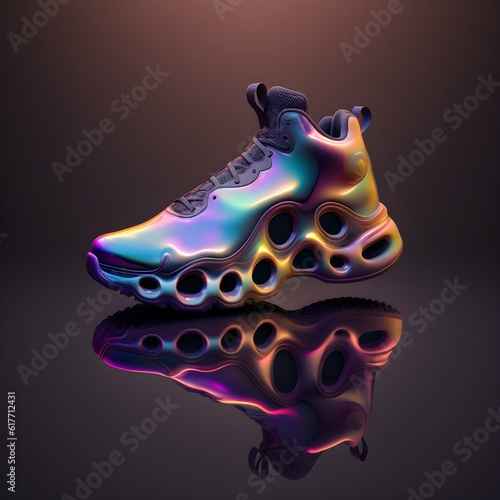 A 3D holographic sports shoe with small air holes circle chromatic object with gradient pearlescent texture glossy futuristic sculpture abstract fluid shape Modern design 3D render dark background 