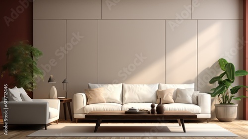 Modern interior design of living room with white sofa  coffee table  soft stucco wall. Created with  generative  AI.