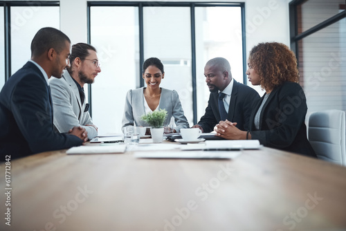Business people, manager and staff in a meeting, negotiation and feedback with review, project or support. Executive team, innovation or group with collaboration, goals or partnership with motivation
