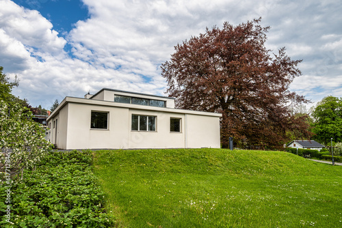 Haus am Horn building in Weimar, Germany with grass lawn. Haus am Horn is the only truly Bauhaus building