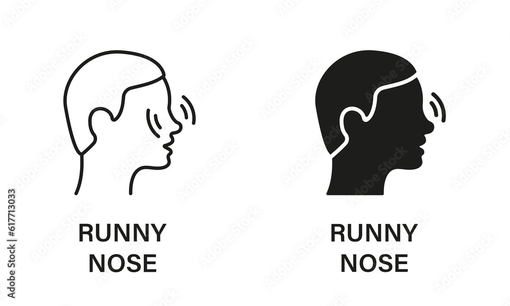 Runny Nose Line and Silhouette Icon Set. Nose Pain, Itch, Inflammation, Ache Symbol Collection. Rhinitis, Allergy, Nasal Mucus Pictogram. Icons for Medical Poster. Isolated Vector illustration