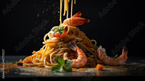 Prawn Pasta on a ceramic plate with a blurred background