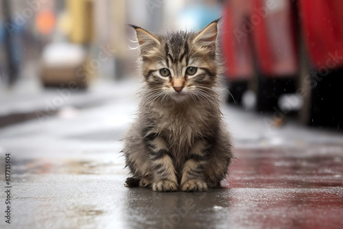 a homeless wet kitten on the street, created by a neural network, Generative AI technology