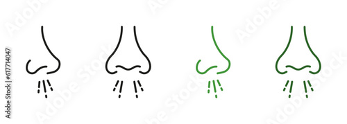 Cold, Flu, Virus Symbol Collection. Rhinitis Symptom Pictogram. Runny Nose Blowing Line and Silhouette Icon Set. Allergy Infection, Allergic Respiratory Sickness Sign. Isolated Vector Illustration