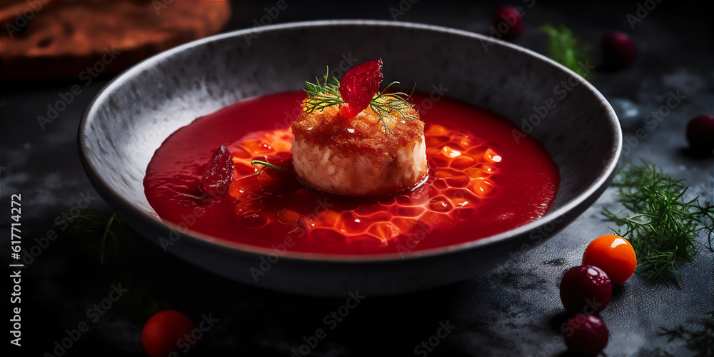 Molecular take on ukrainian borsch with crispy beetroot foam. AI generative image of molecular cuisine Molecular take on ukrainian borsch with crispy beetroot foam. AI generative image of molecular cuisine