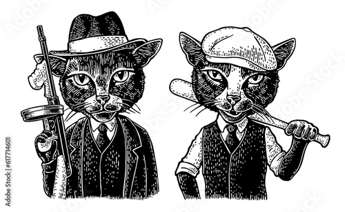 Cats mafia holding weapon and dressed in hat, suit, waistcoat. Engraving