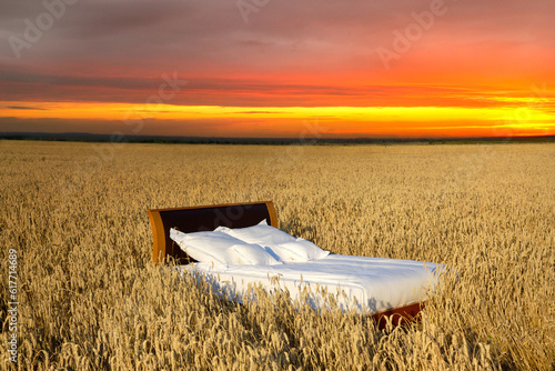 A bed in a grain field at sunsetconcept of good sleep photo