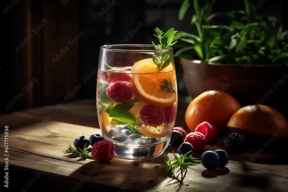 AI generative image of refreshing glass of clear water with fresh berries on the table in dramatic light
