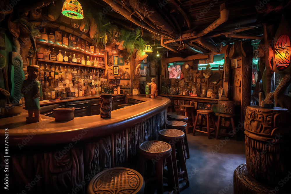 AI generative image of the interior of themed Tiki Bar with its polynesian culture.