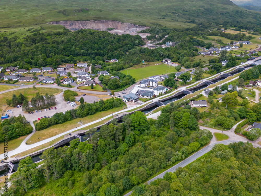 Aerial drone photo of the Neptune's stairs which is a boat lock in Fort William, Scotland. 