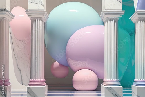AI generated illustration of a stack of multi-colored balloons and cylindrical columns