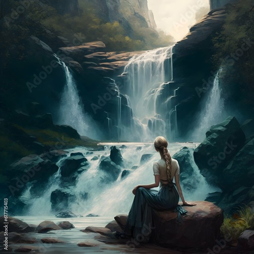 lady sitting next to a beautiful waterfall realism 
