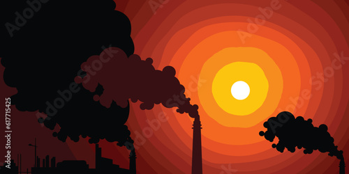 Air pollution from brick kiln smoke. Concept design of polluted industrial toxic furnace smoke over the twilight golden sun.