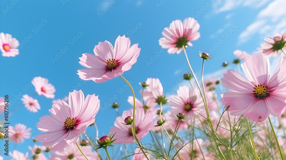 pink cosmos flowers with blur sky created with Generative AI 