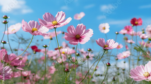 pink cosmos flowers with blur sky created with Generative AI  © kimly