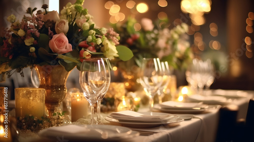 Shot of an elegantly decorated table at a wedding reception created with Generative AI 