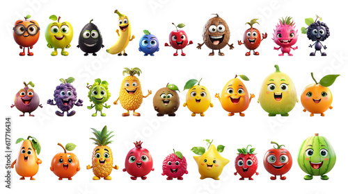 Cute Fruits Happy Cartoon Characters Set