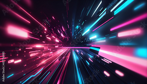 Abstract futuristic background with pink blue glowing neon city high speed city lines and bokeh lights. Data transfer concept Fantastic wallpaper Ai generated image