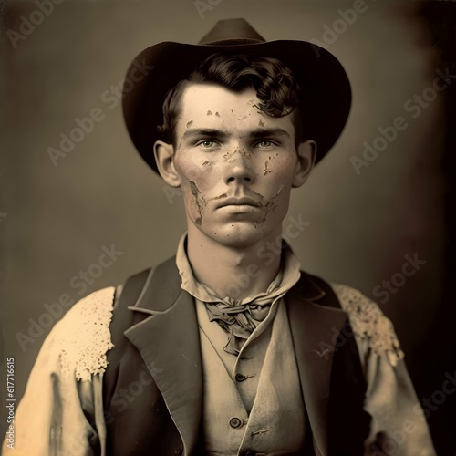 Foto gimpy young man scarred in 1875 western clothing photographic