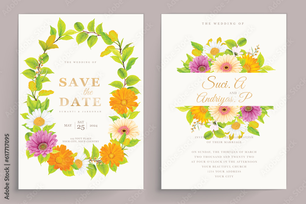 daisy floral watercolor background and wreath card design