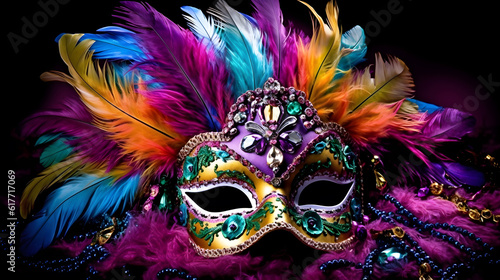 Carnival Party - Venetian Mask With Abstract Defocused Bokeh Lights On Shiny Streamers created with Generative AI 