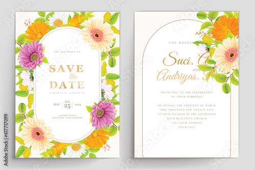 daisy floral watercolor background and wreath card design