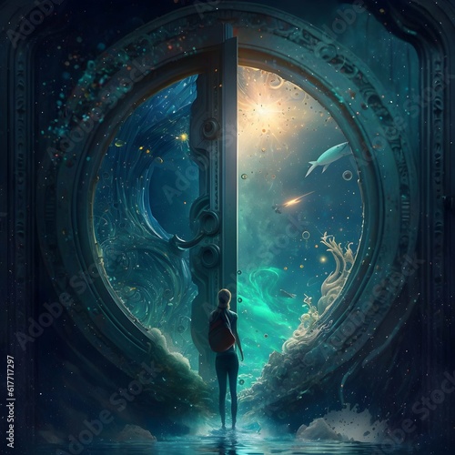 foto do mar com um portal de esmeralda para galaxia 