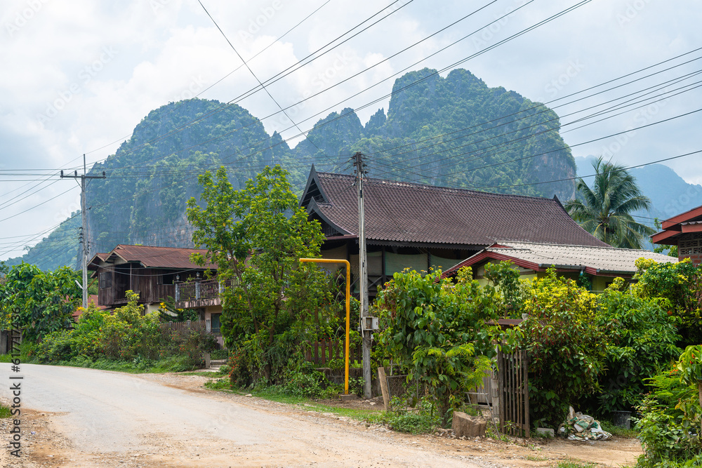 street view of vang vieng town, laos