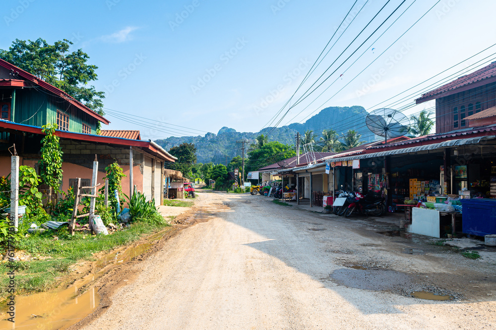 street view of vang vieng town, laos