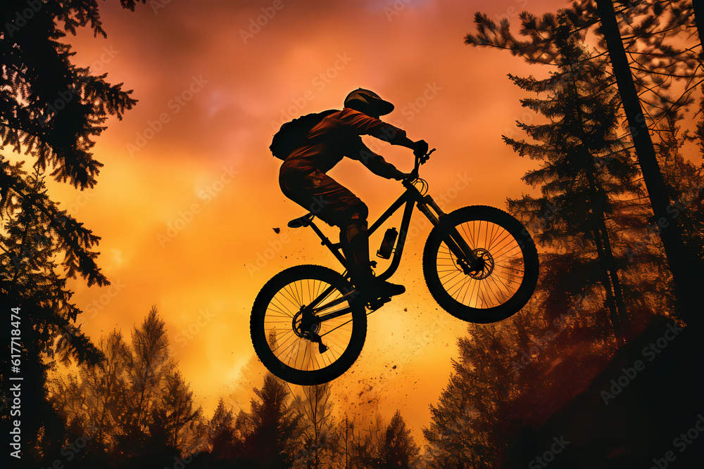 Silhouette of a man flying through the air while riding a bike over the hills at sunset, looping, climber on top of it