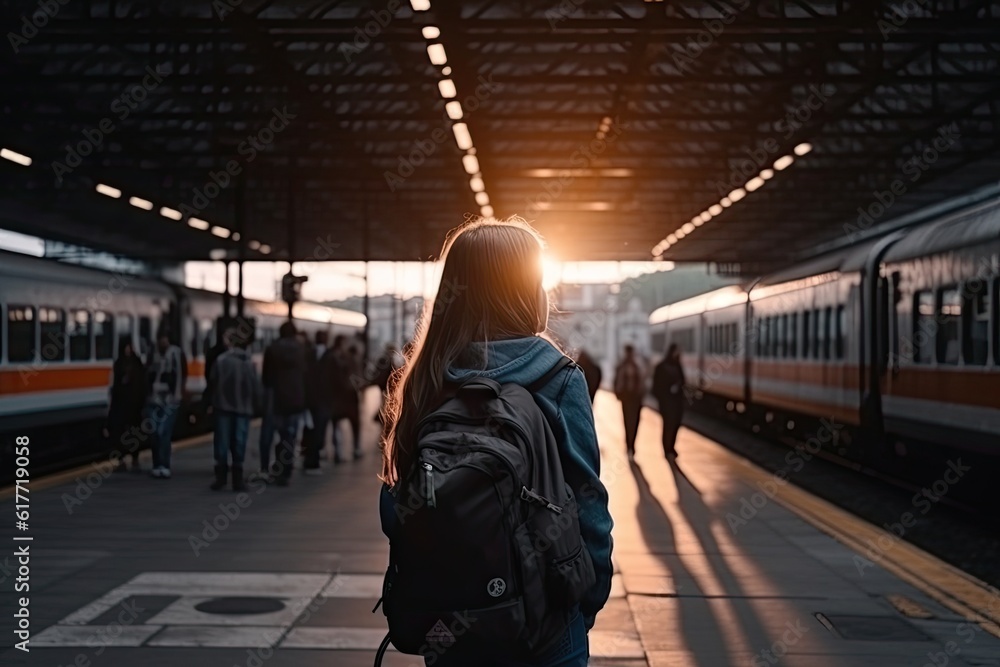 Obraz premium Traveler waiting in the strain station. AI generative