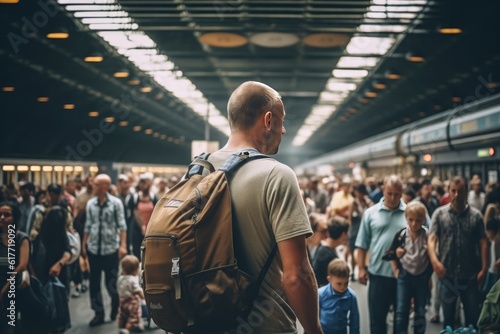 Traveler waiting in a crowded strain station. AI generative