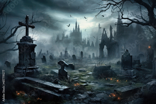 Dunkler gruseliger Friedhof mit verlassenen Gräbern und Fledermäusen vor einer Burg, KI-generierter Inhalt