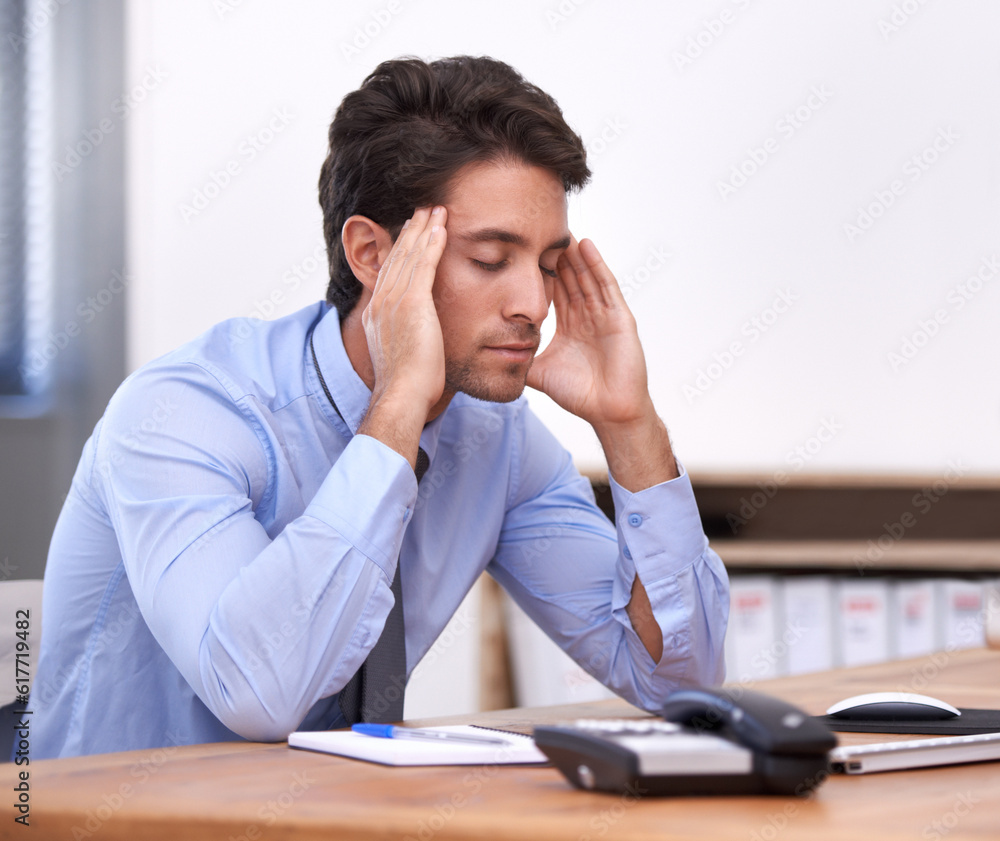 Headache, business man and stress at job from corporate career in office. Bankruptcy anxiety, tired company worker and burnout of a male person debt with policy deadline and report with fatigue Headache, business man and stress at job from corporate career in office. Bankruptcy anxiety, tired company worker and burnout of a male person debt with policy deadline and report with fatigue