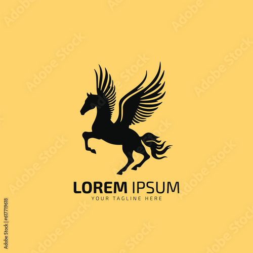 Flying horse logo, flying horse icon, vector design illustration colorful isolated black silhouette horse on yellow background.